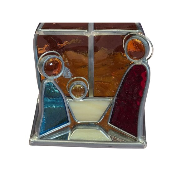 Vintage Stained Glass Nativity Scene Mirror Panel Christmas Art candle base - Picture 7 of 9